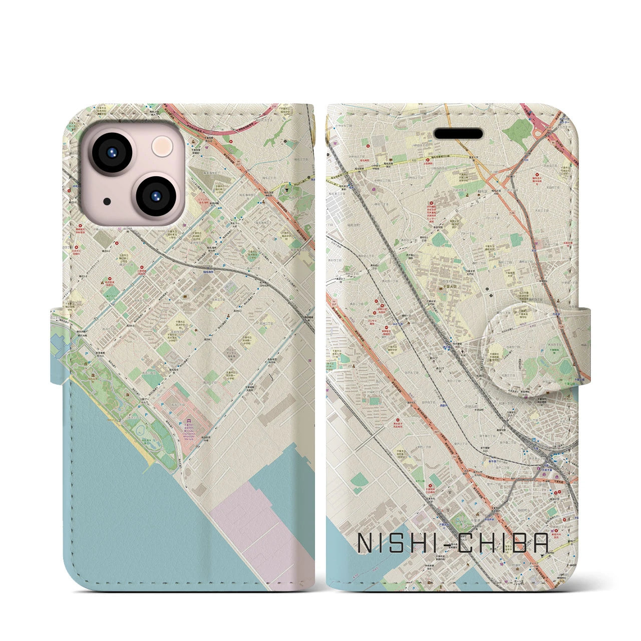 【西千葉(千葉県)】地図柄iPhoneケース(手帳タイプ)ナチュラル・iPhone 13 mini 用