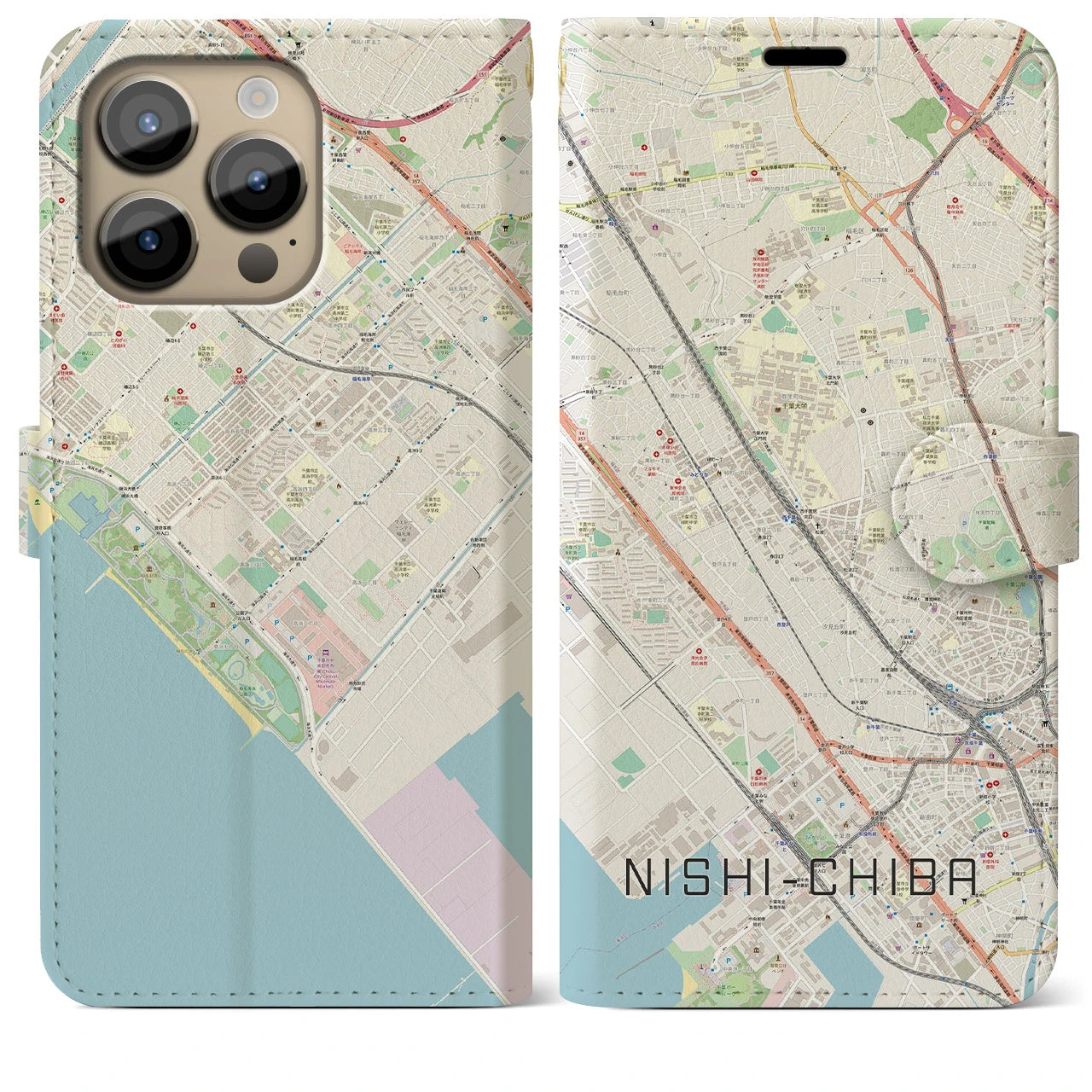 【西千葉(千葉県)】地図柄iPhoneケース(手帳タイプ)ナチュラル・iPhone 14 Pro Max 用