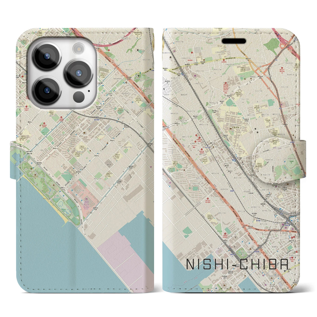 【西千葉(千葉県)】地図柄iPhoneケース(手帳タイプ)ナチュラル・iPhone 14 Pro 用