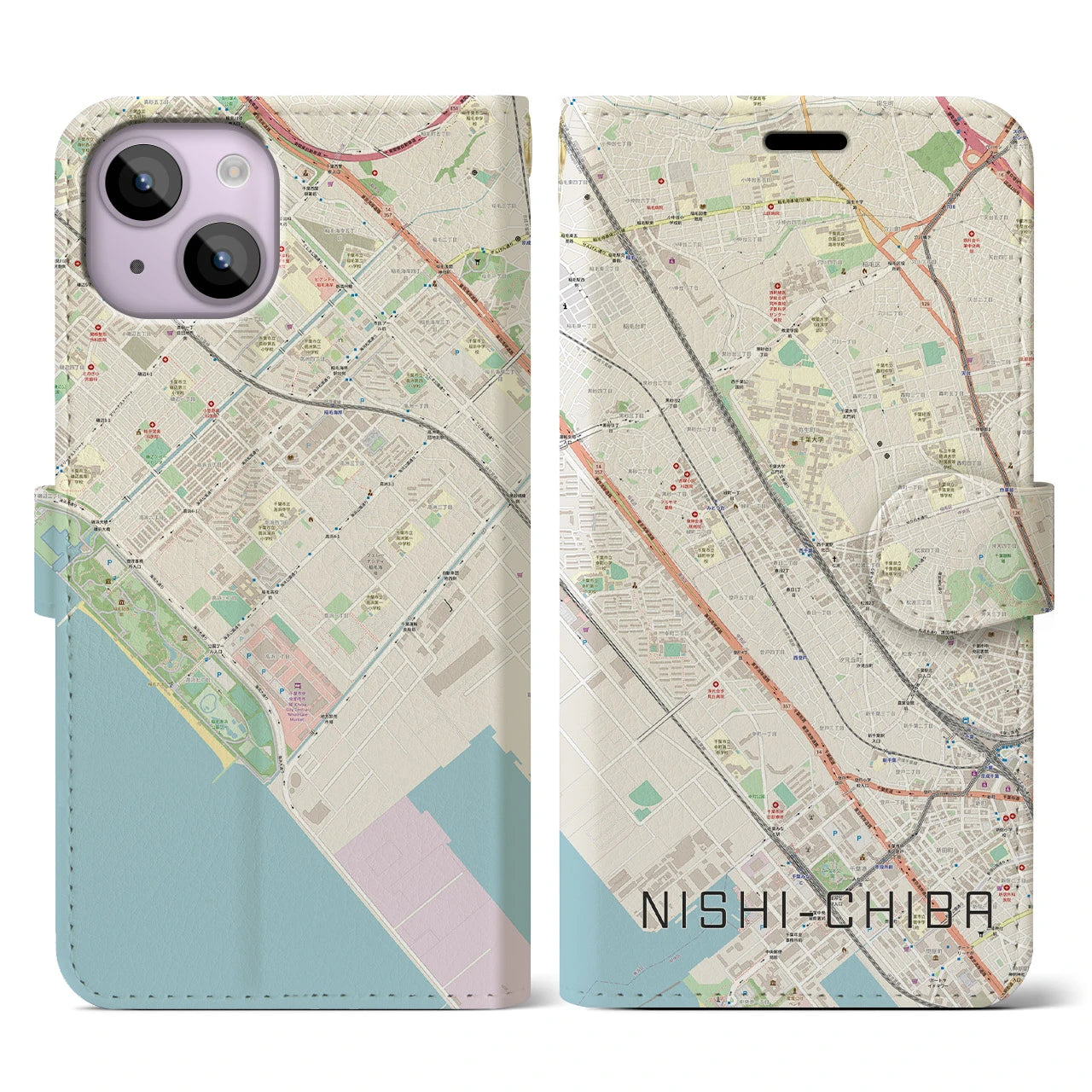 【西千葉(千葉県)】地図柄iPhoneケース(手帳タイプ)ナチュラル・iPhone 14 用