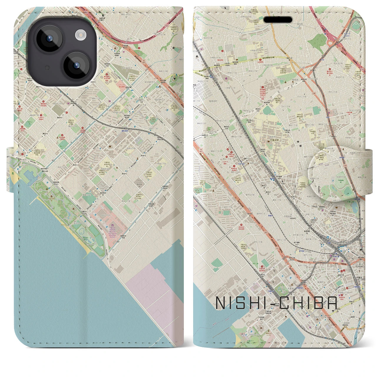 【西千葉(千葉県)】地図柄iPhoneケース(手帳タイプ)ナチュラル・iPhone 14 Plus 用