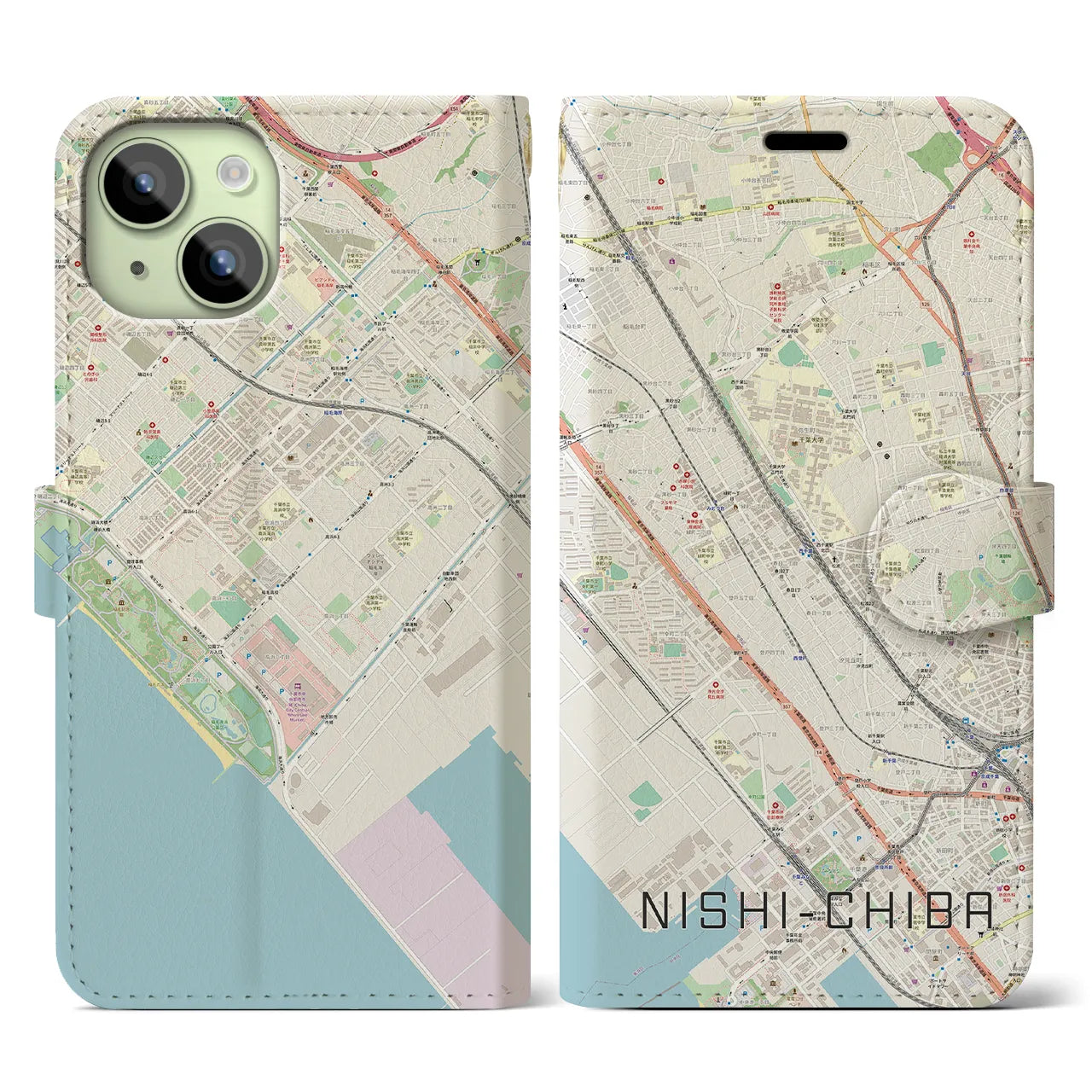 【西千葉(千葉県)】地図柄iPhoneケース(手帳タイプ)ナチュラル・iPhone 15 用