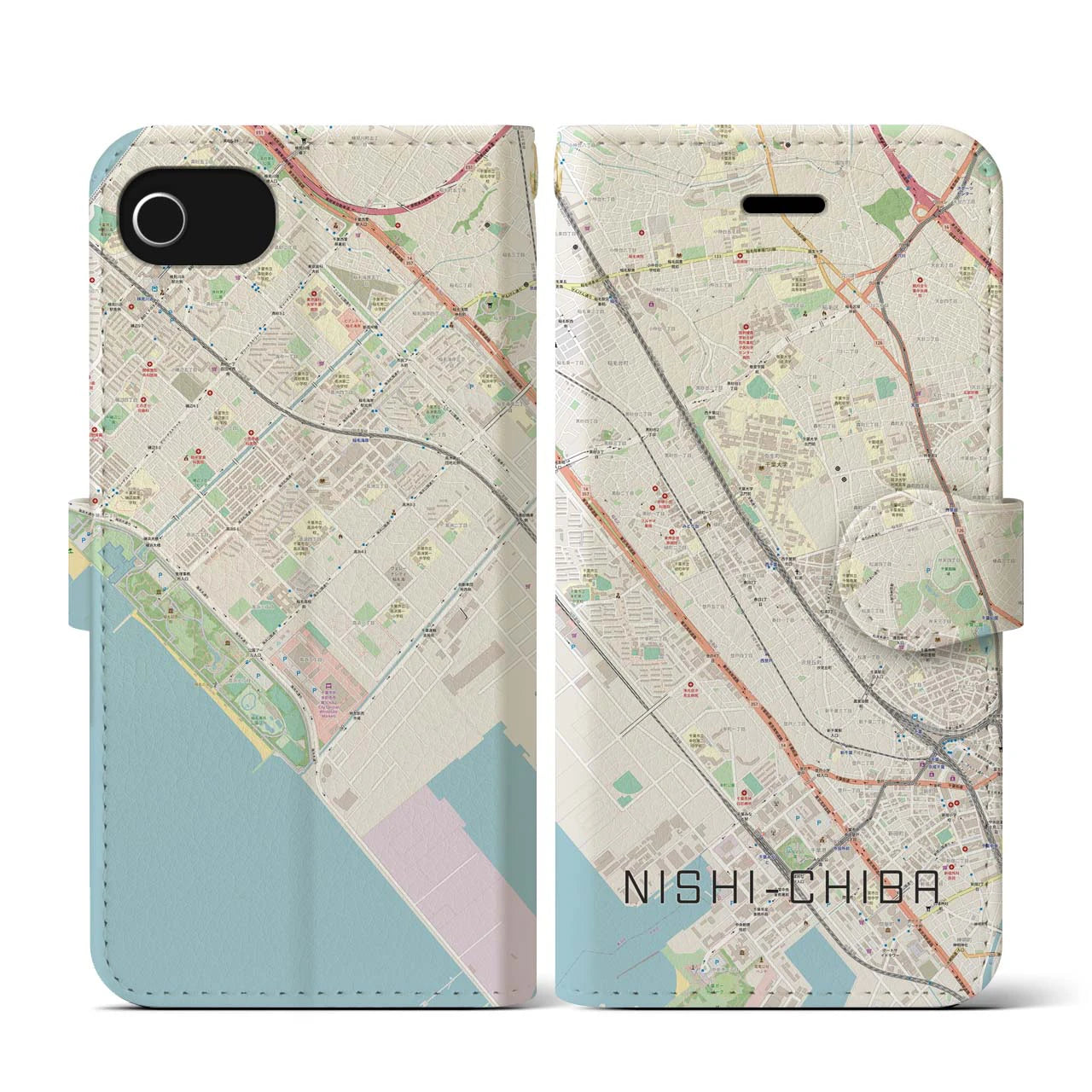 【西千葉(千葉県)】地図柄iPhoneケース(手帳タイプ)ナチュラル・iPhone SE(第3 / 第2世代) / 8 / 7 / 6s / 6 用