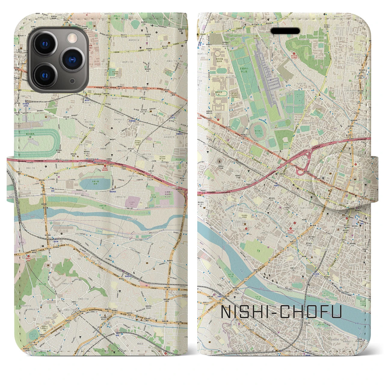 【西調布(東京都)】地図柄iPhoneケース(手帳タイプ)ナチュラル・iPhone 11 Pro Max 用