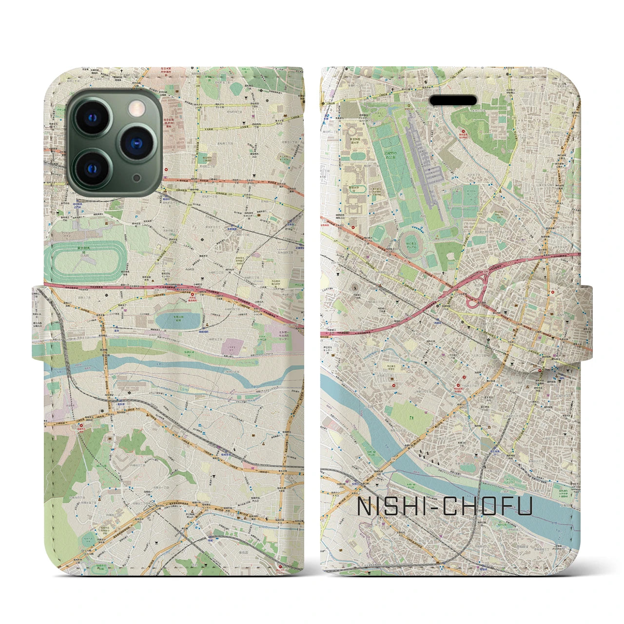 【西調布(東京都)】地図柄iPhoneケース(手帳タイプ)ナチュラル・iPhone 11 Pro 用