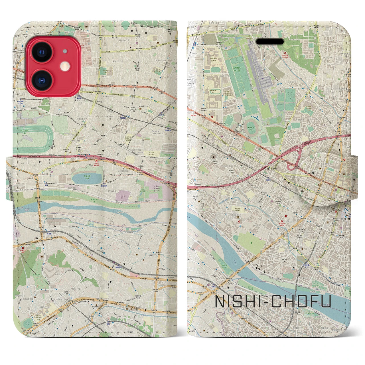 【西調布(東京都)】地図柄iPhoneケース(手帳タイプ)ナチュラル・iPhone 11 用