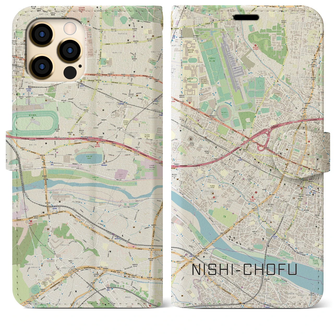 【西調布(東京都)】地図柄iPhoneケース(手帳タイプ)ナチュラル・iPhone 12 Pro Max 用