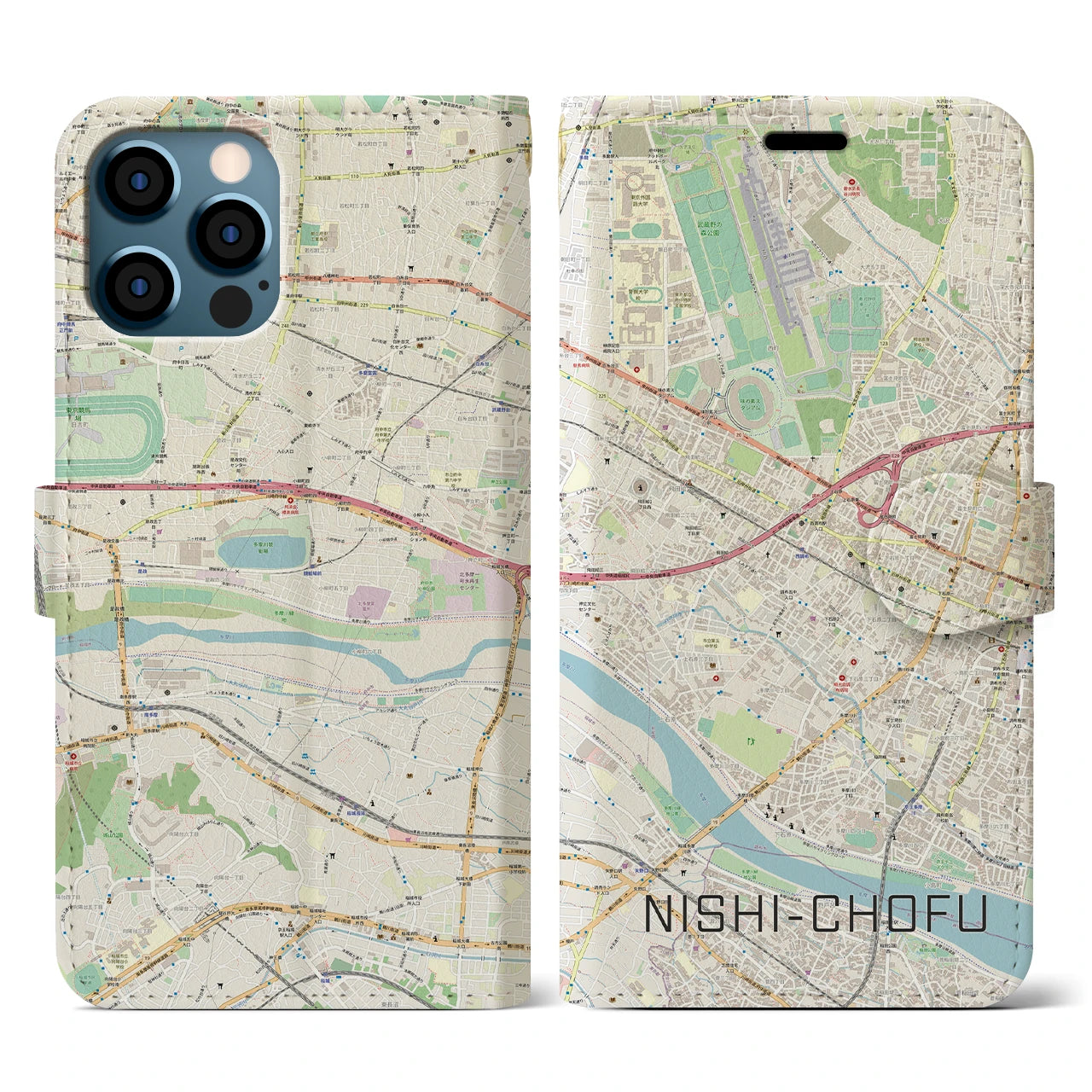 【西調布(東京都)】地図柄iPhoneケース(手帳タイプ)ナチュラル・iPhone 12 / 12 Pro 用