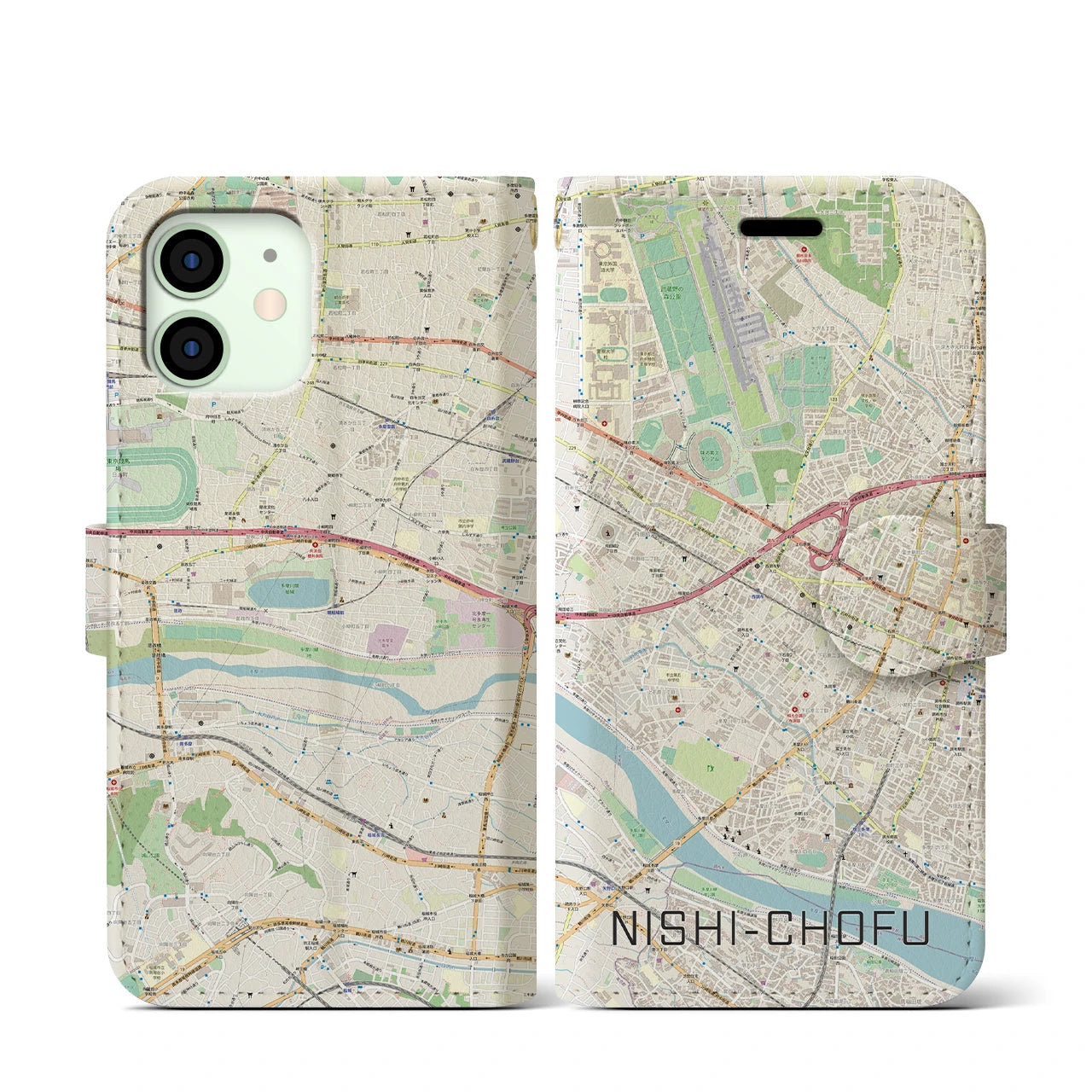 【西調布(東京都)】地図柄iPhoneケース(手帳タイプ)ナチュラル・iPhone 12 mini 用