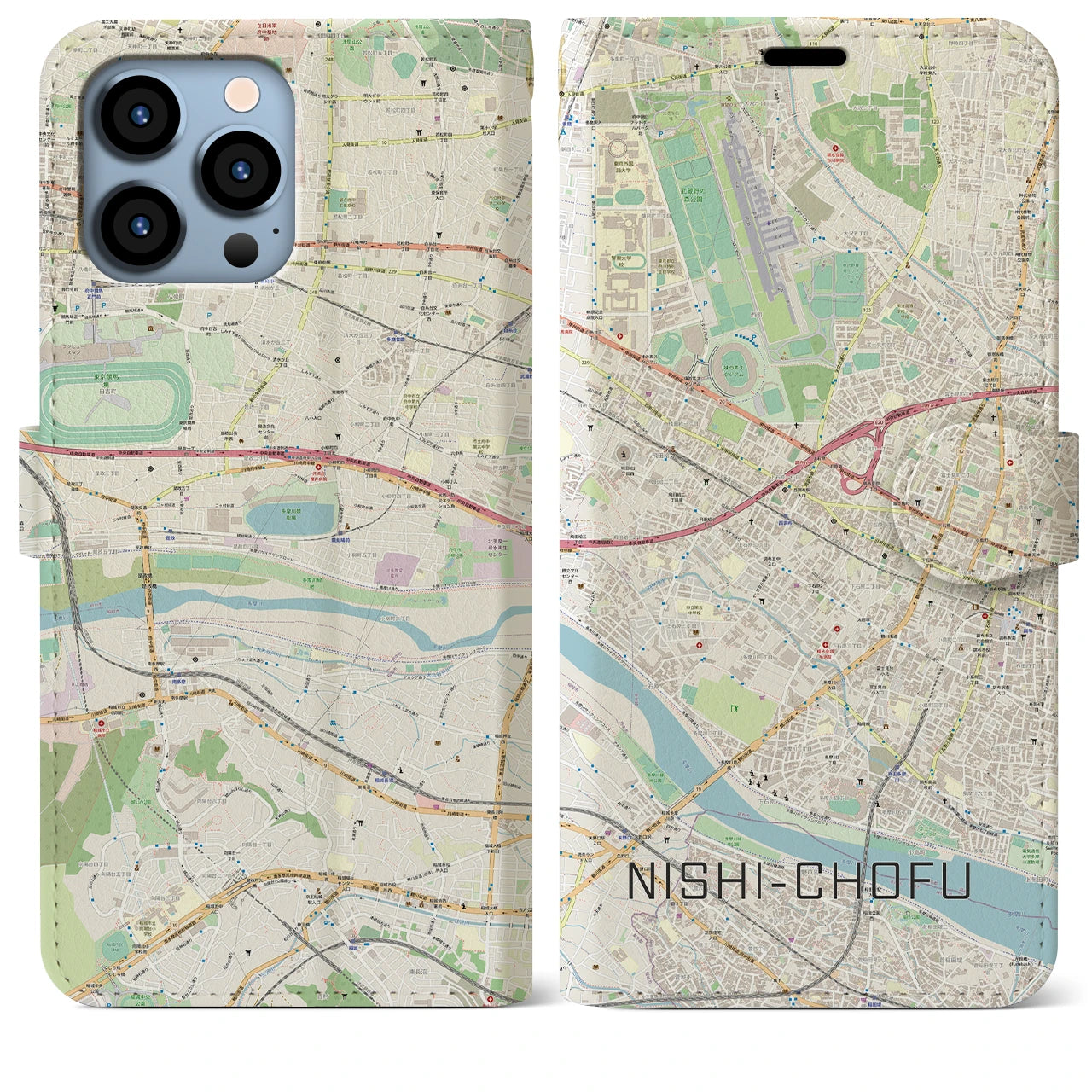 【西調布(東京都)】地図柄iPhoneケース(手帳タイプ)ナチュラル・iPhone 13 Pro Max 用