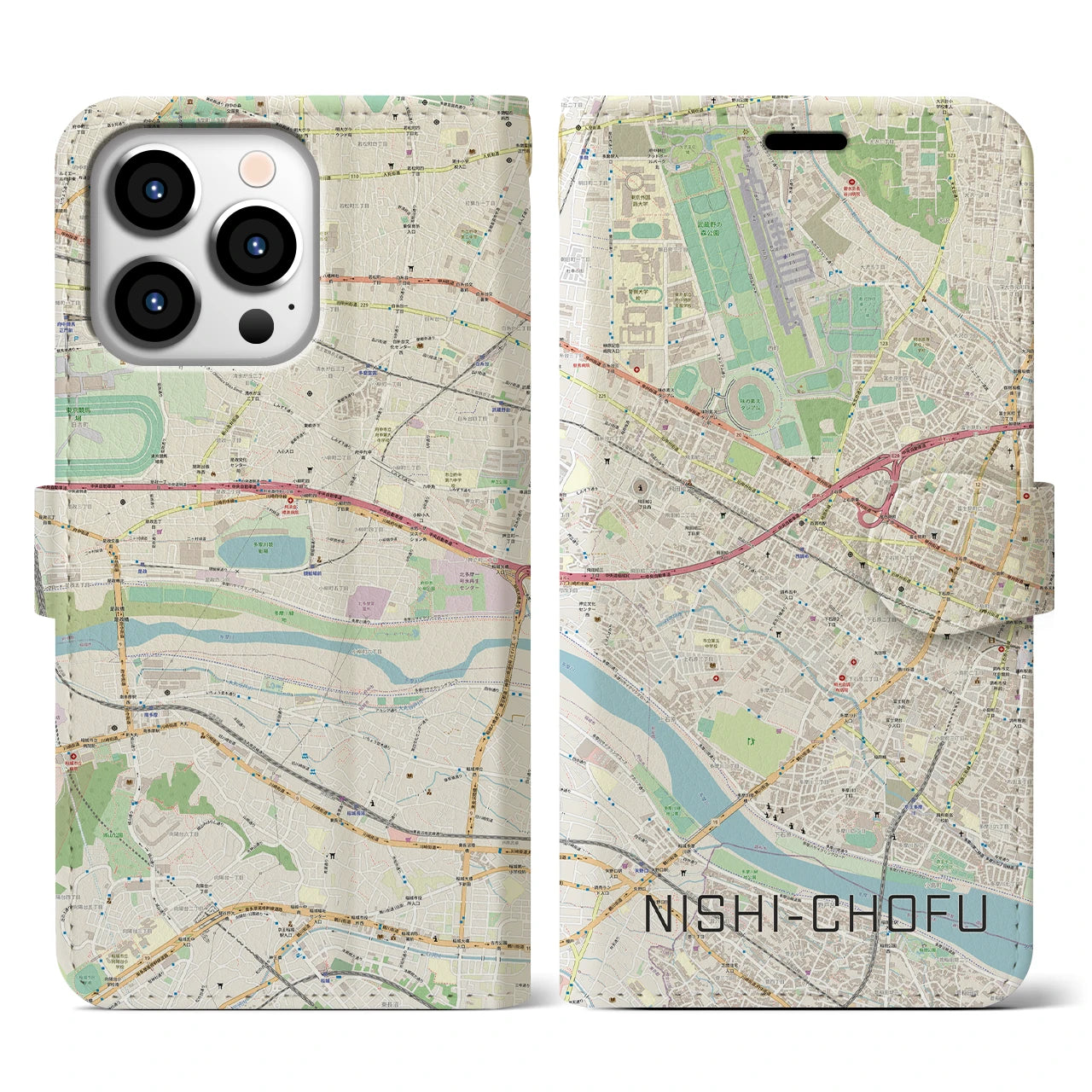 【西調布(東京都)】地図柄iPhoneケース(手帳タイプ)ナチュラル・iPhone 13 Pro 用