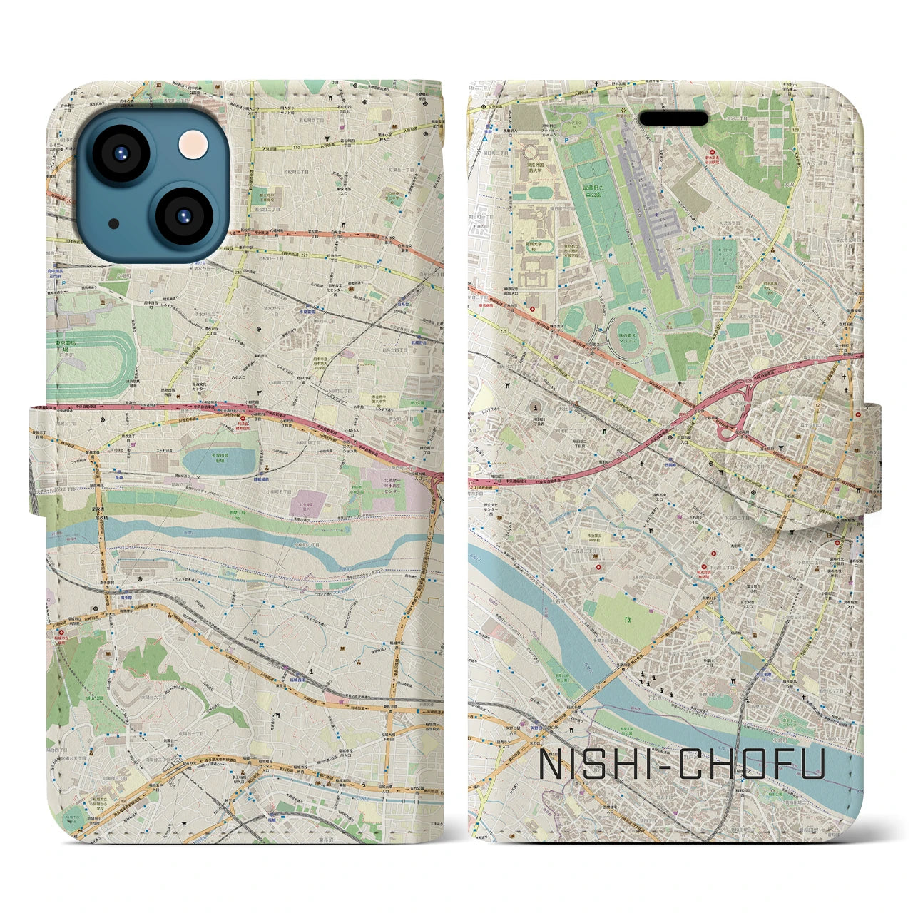 【西調布(東京都)】地図柄iPhoneケース(手帳タイプ)ナチュラル・iPhone 13 用