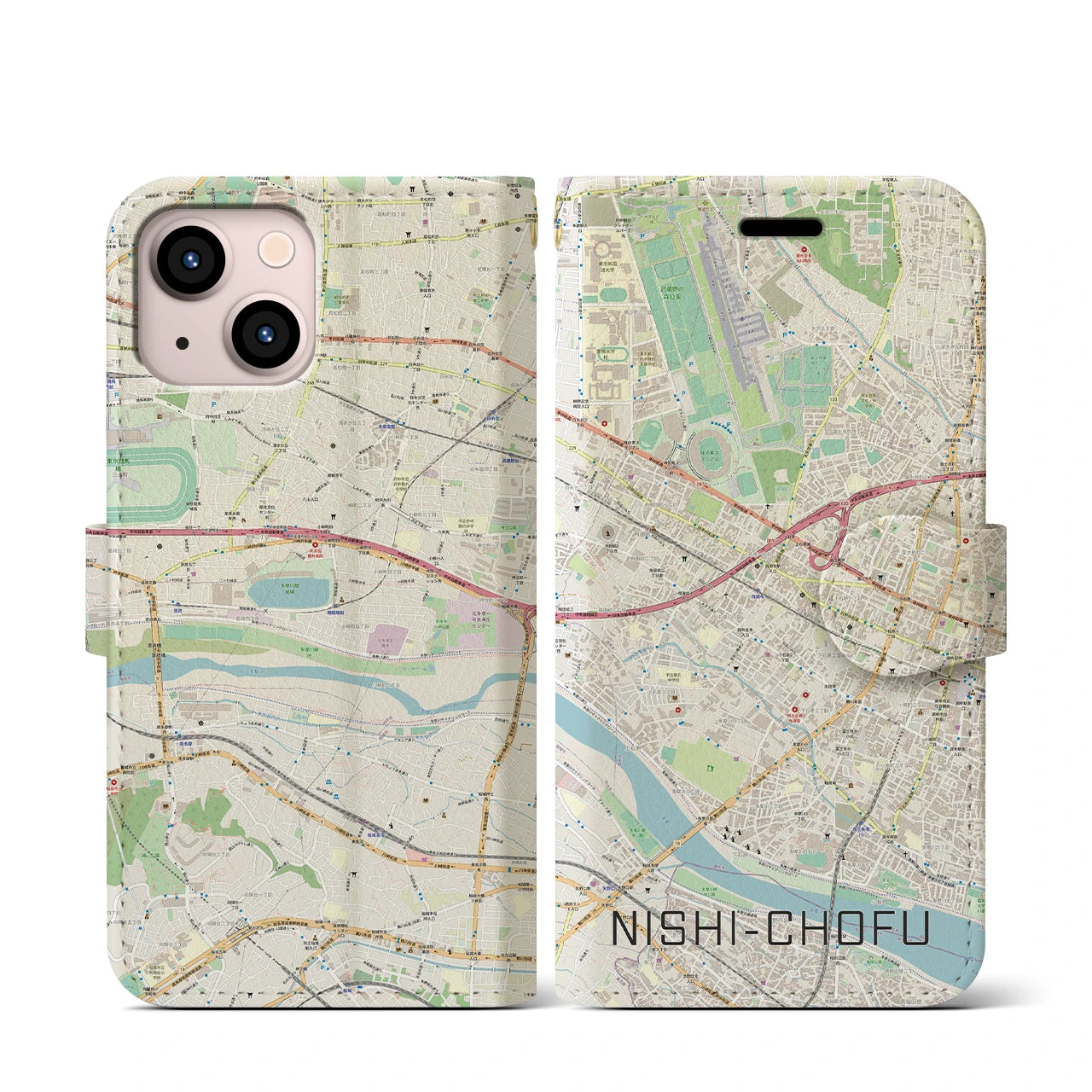 【西調布(東京都)】地図柄iPhoneケース(手帳タイプ)ナチュラル・iPhone 13 mini 用