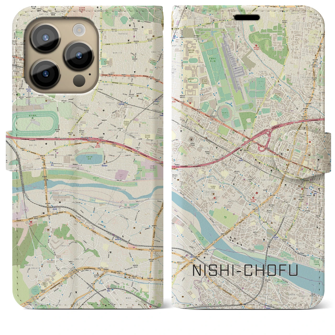 【西調布(東京都)】地図柄iPhoneケース(手帳タイプ)ナチュラル・iPhone 14 Pro Max 用