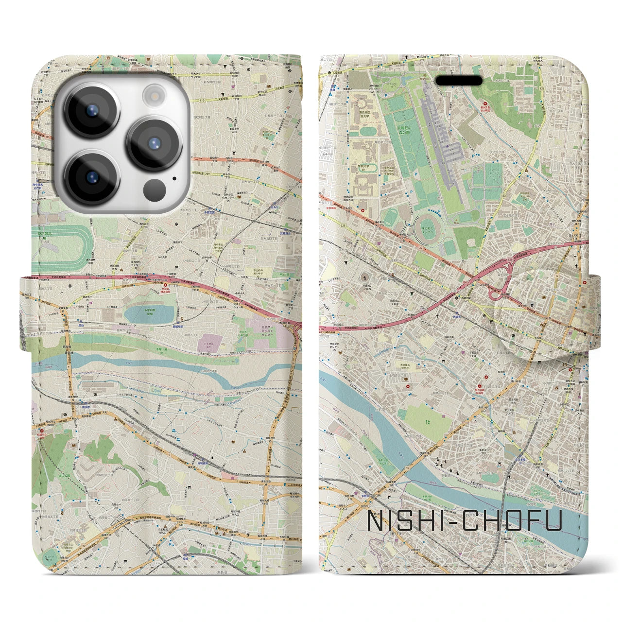 【西調布(東京都)】地図柄iPhoneケース(手帳タイプ)ナチュラル・iPhone 14 Pro 用