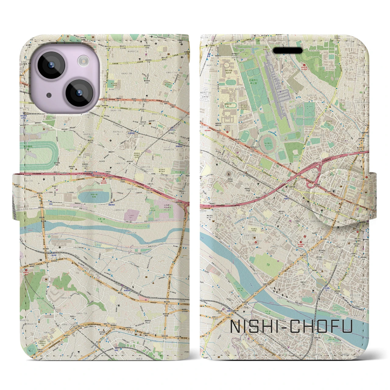 【西調布(東京都)】地図柄iPhoneケース(手帳タイプ)ナチュラル・iPhone 14 用
