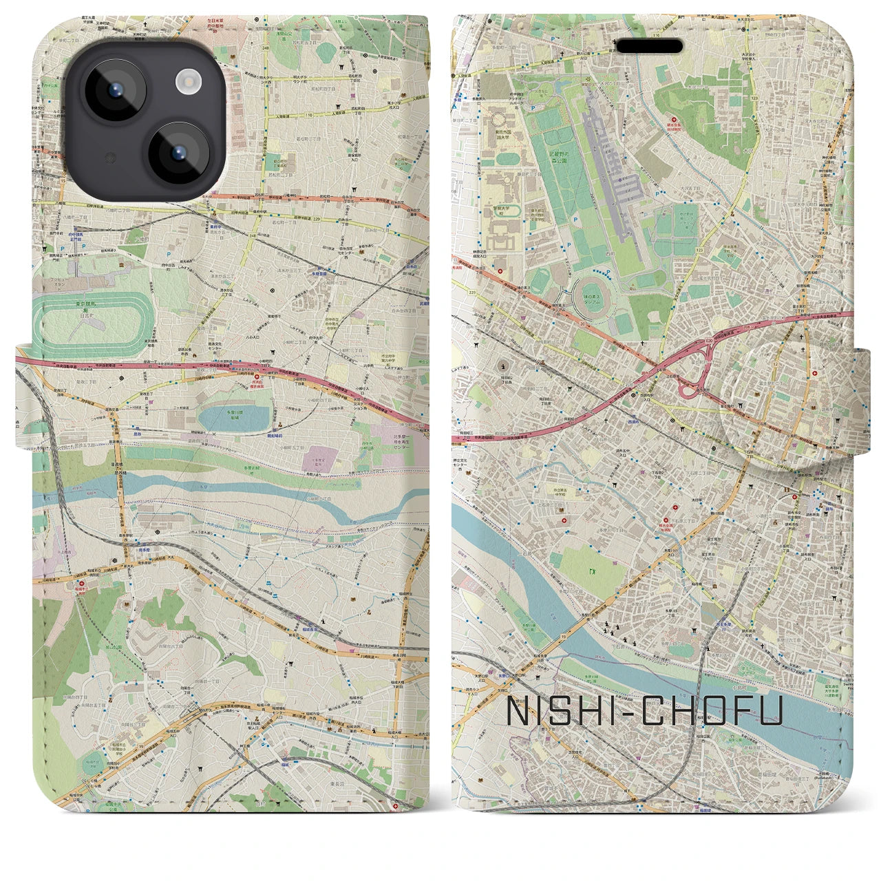 【西調布(東京都)】地図柄iPhoneケース(手帳タイプ)ナチュラル・iPhone 14 Plus 用