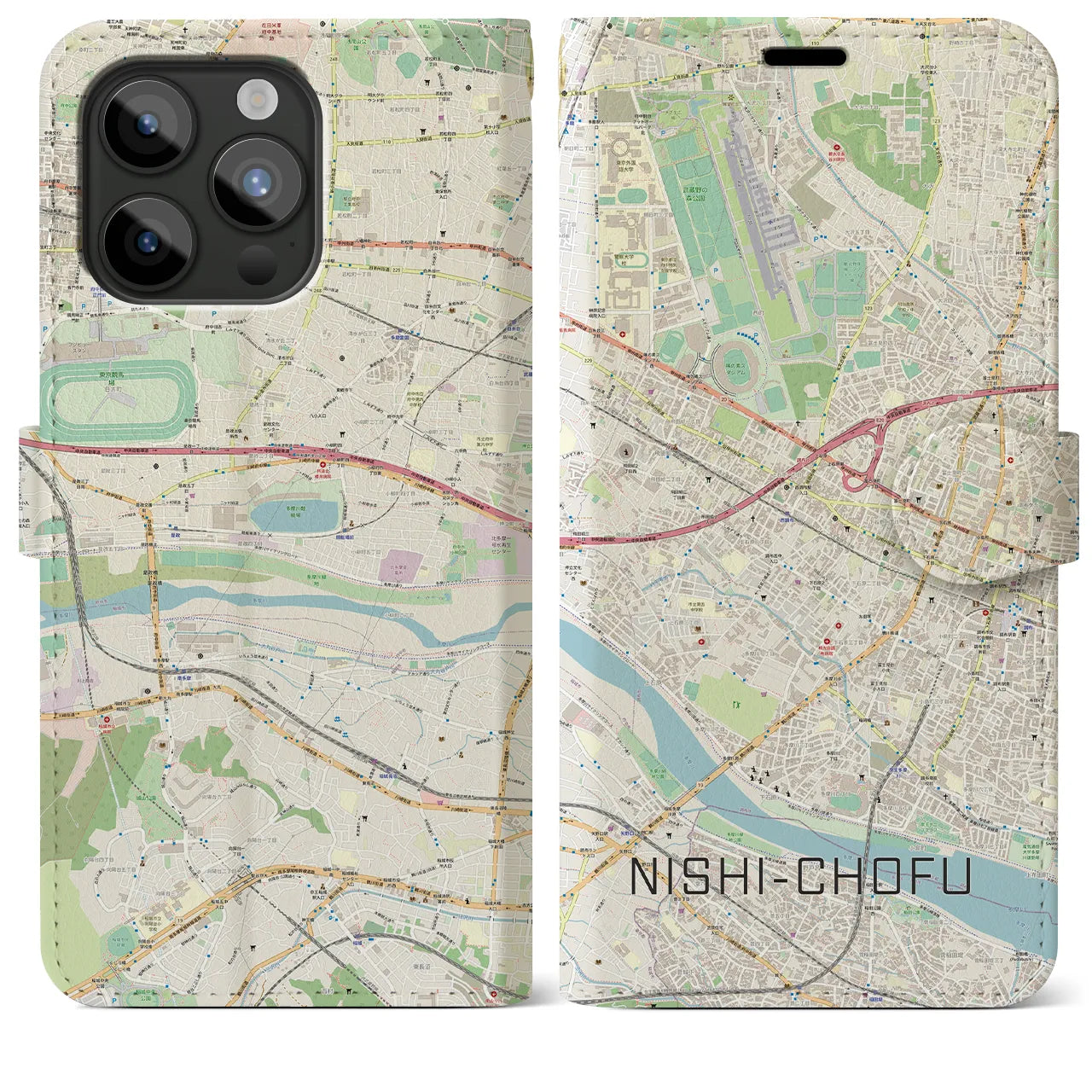 【西調布(東京都)】地図柄iPhoneケース(手帳タイプ)ナチュラル・iPhone 15 Pro Max 用
