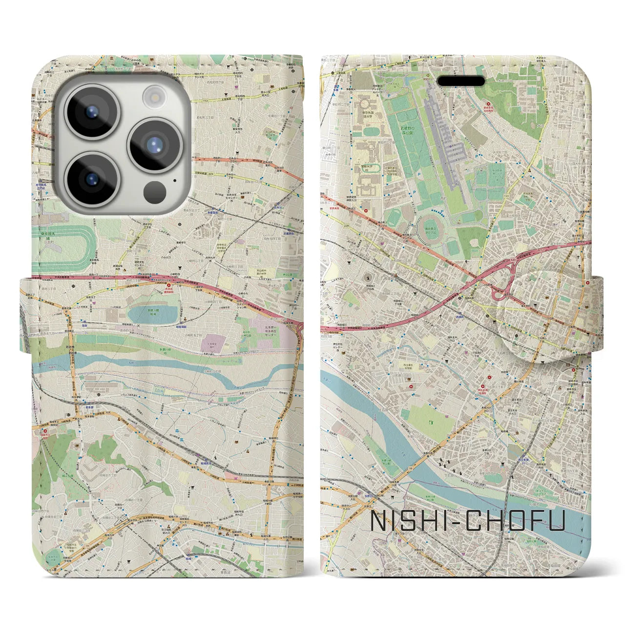 【西調布(東京都)】地図柄iPhoneケース(手帳タイプ)ナチュラル・iPhone 15 Pro 用