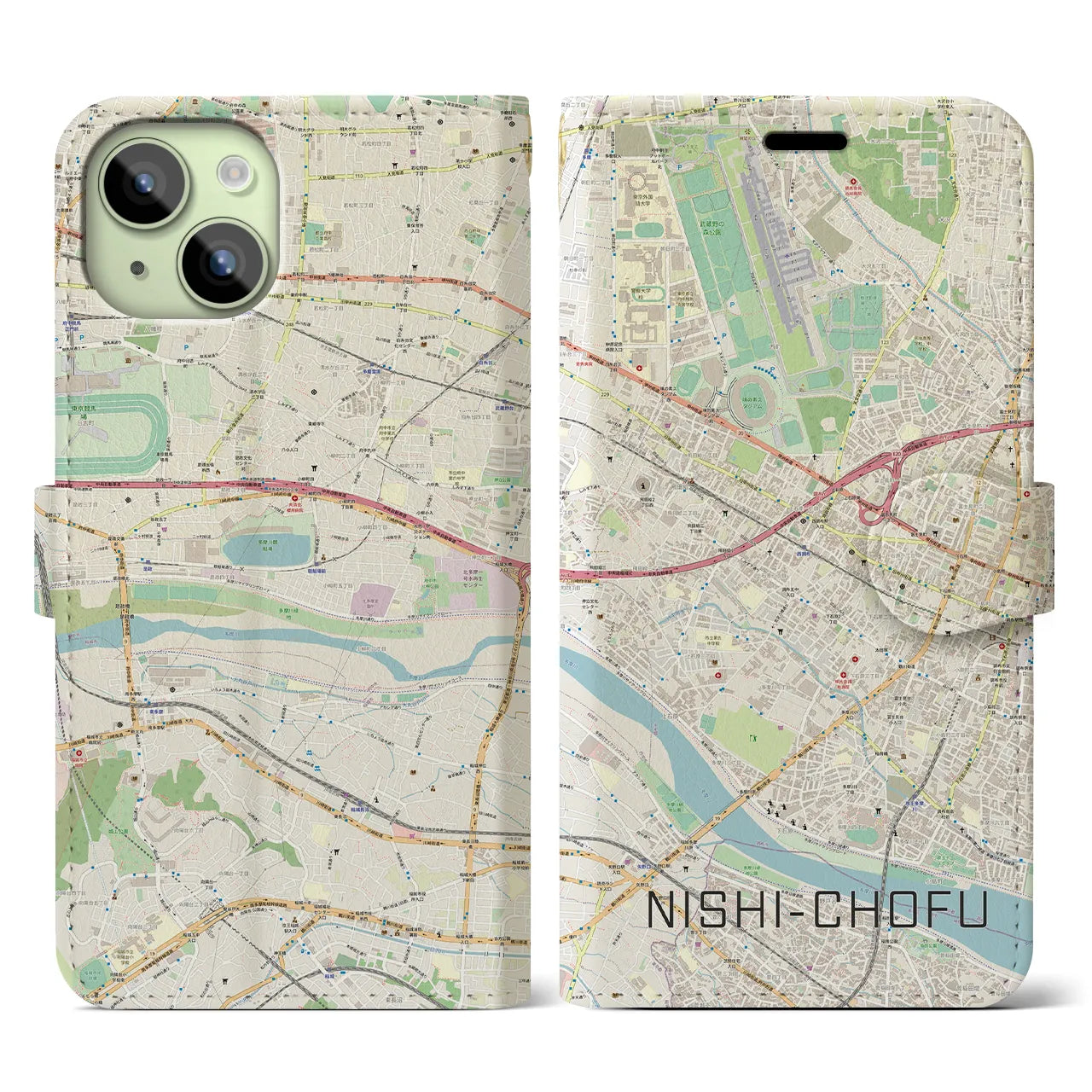 【西調布(東京都)】地図柄iPhoneケース(手帳タイプ)ナチュラル・iPhone 15 用