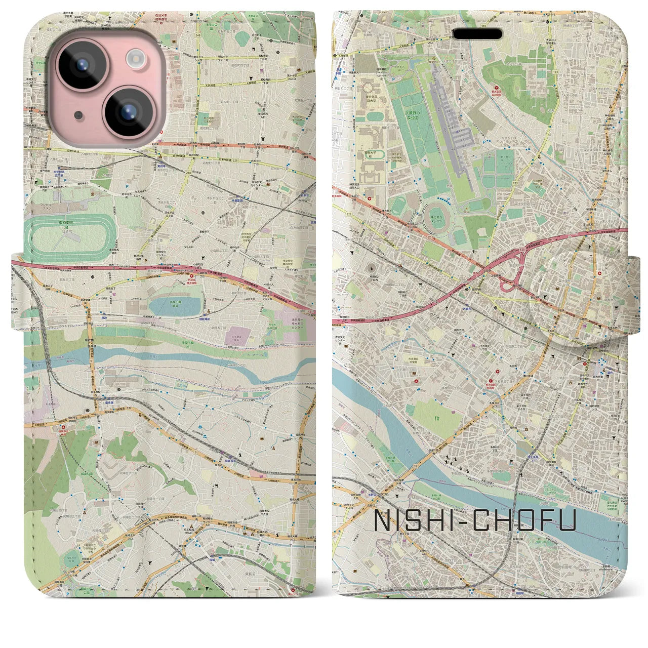 【西調布(東京都)】地図柄iPhoneケース(手帳タイプ)ナチュラル・iPhone 15 Plus 用