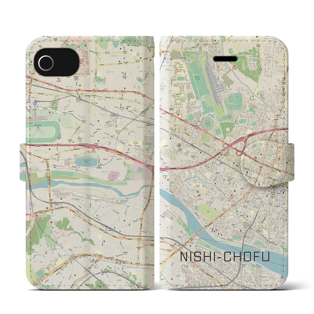 【西調布(東京都)】地図柄iPhoneケース(手帳タイプ)ナチュラル・iPhone SE(第3 / 第2世代) / 8 / 7 / 6s / 6 用
