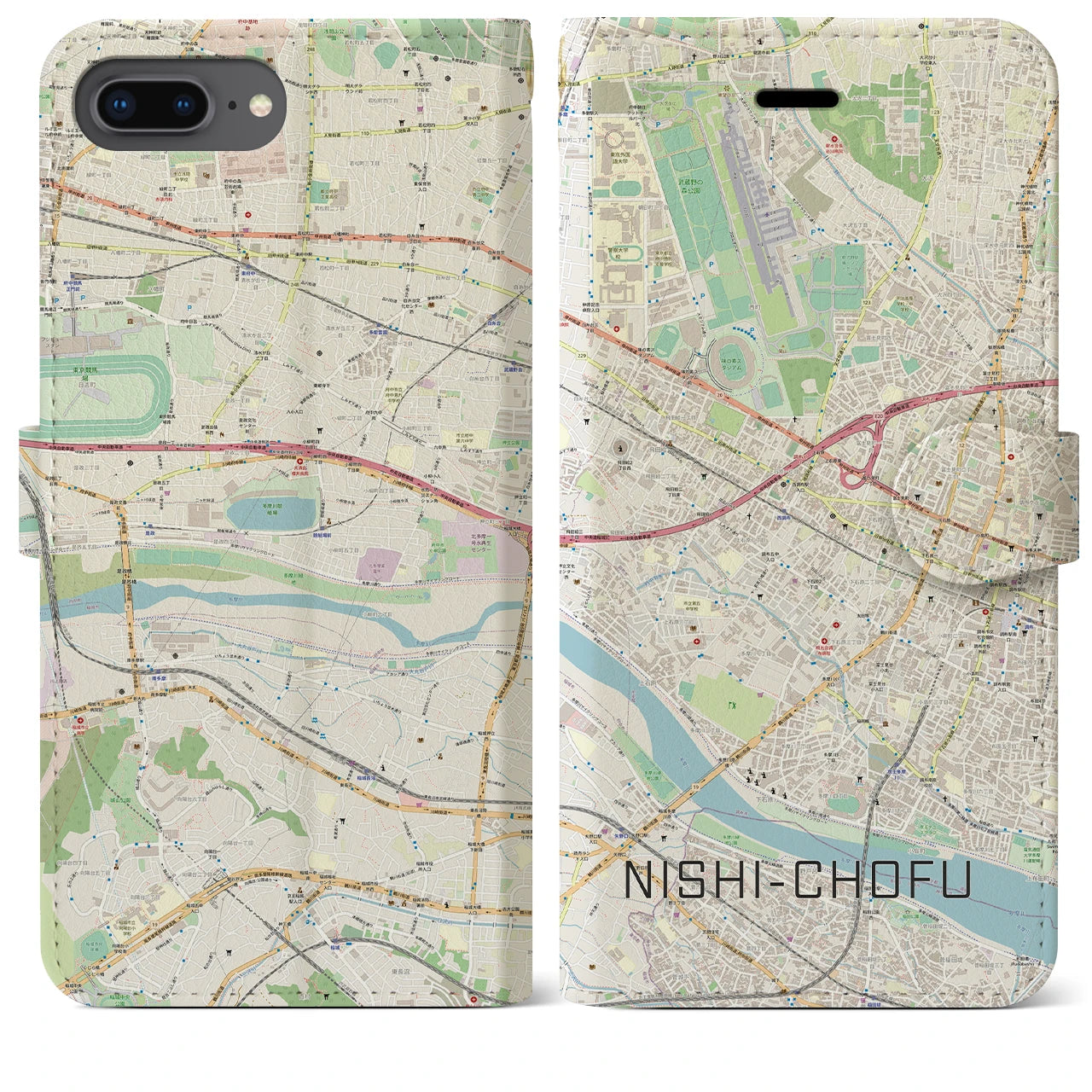 【西調布(東京都)】地図柄iPhoneケース(手帳タイプ)ナチュラル・iPhone 8Plus /7Plus / 6sPlus / 6Plus 用