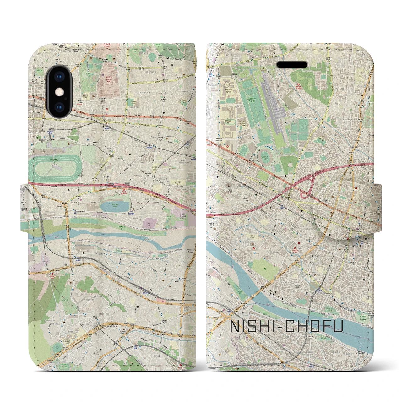 【西調布(東京都)】地図柄iPhoneケース(手帳タイプ)ナチュラル・iPhone XS / X 用