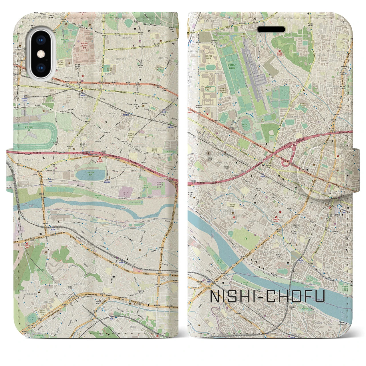 【西調布(東京都)】地図柄iPhoneケース(手帳タイプ)ナチュラル・iPhone XS Max 用