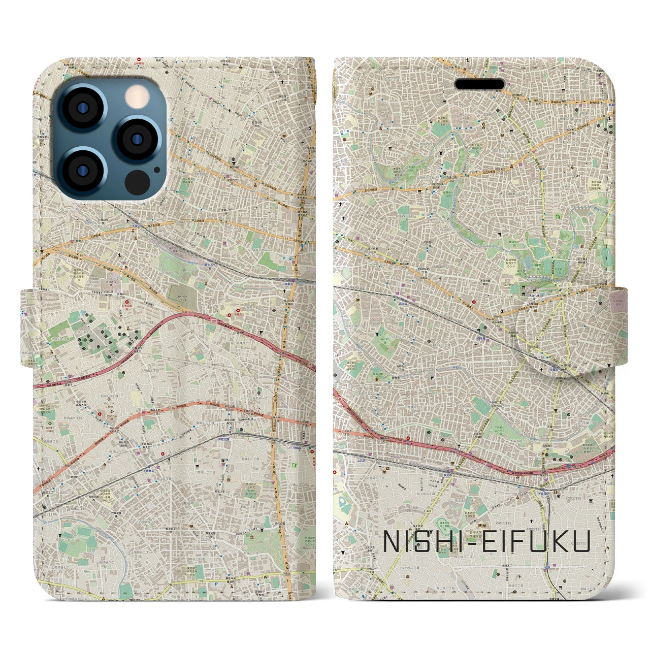 【西永福(東京都)】地図柄iPhoneケース(手帳タイプ)ナチュラル・iPhone 12 / 12 Pro 用