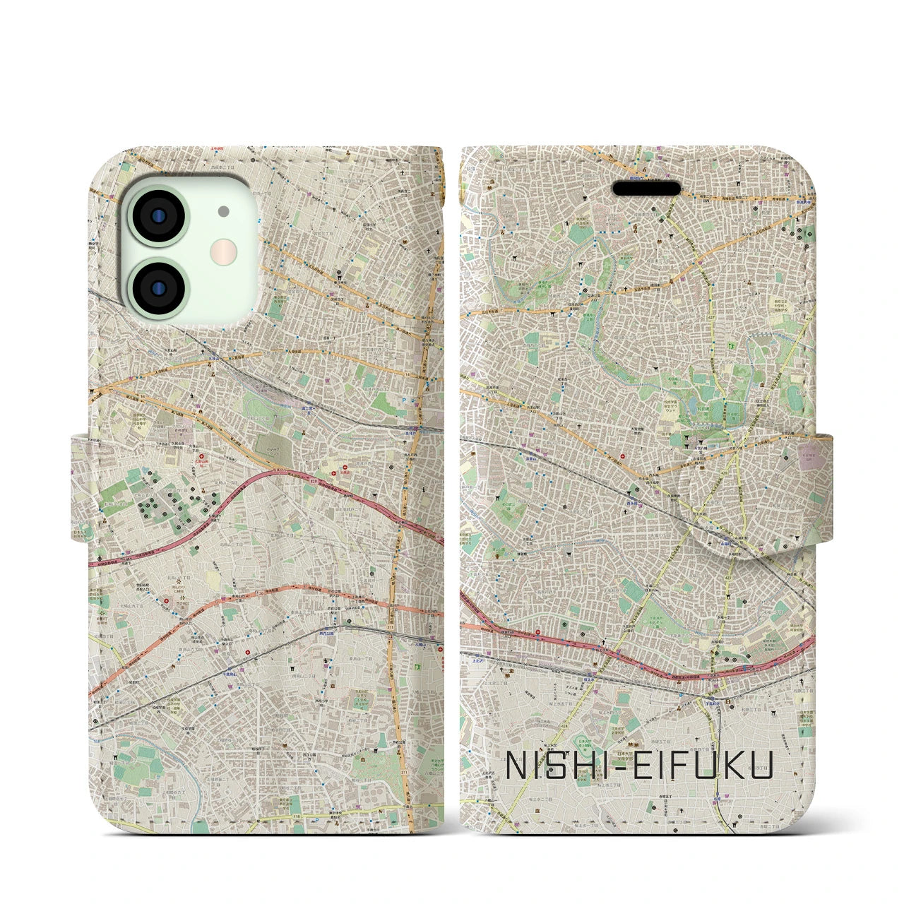 【西永福(東京都)】地図柄iPhoneケース(手帳タイプ)ナチュラル・iPhone 12 mini 用