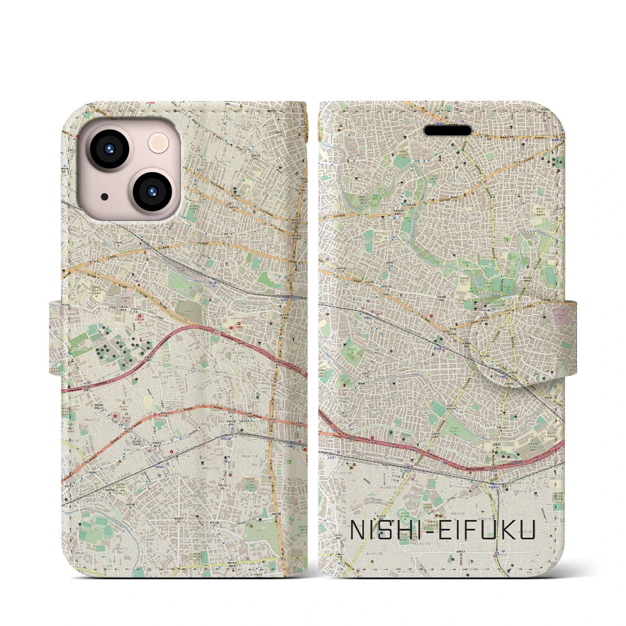 【西永福(東京都)】地図柄iPhoneケース(手帳タイプ)ナチュラル・iPhone 13 mini 用