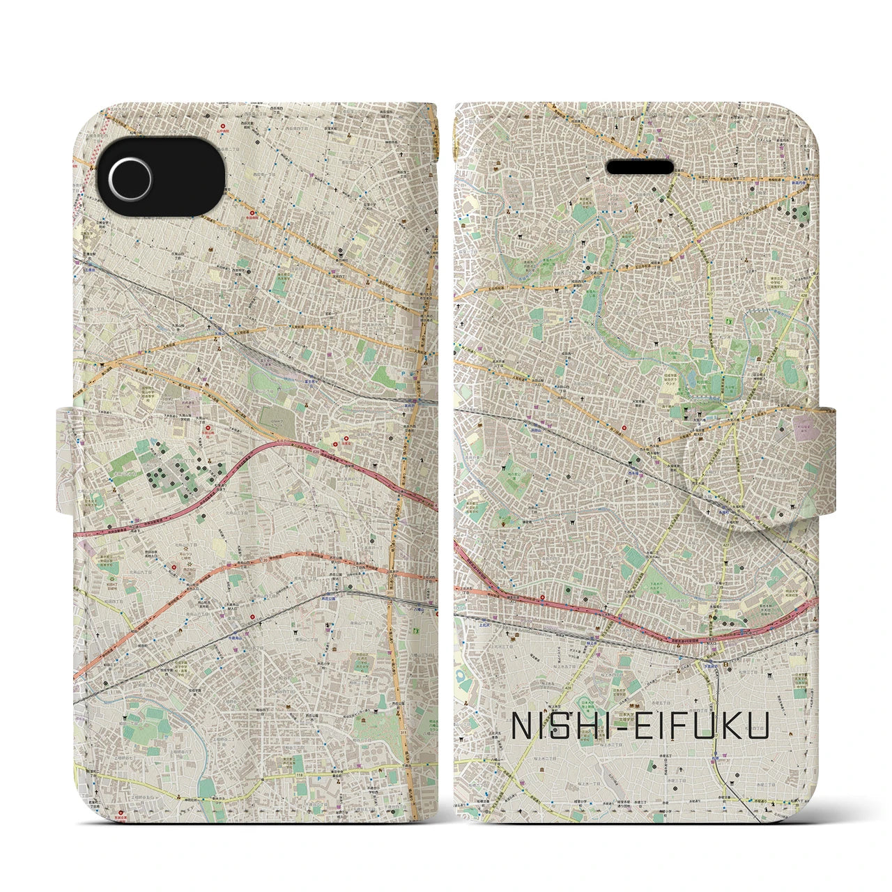 【西永福(東京都)】地図柄iPhoneケース(手帳タイプ)ナチュラル・iPhone SE(第3 / 第2世代) / 8 / 7 / 6s / 6 用