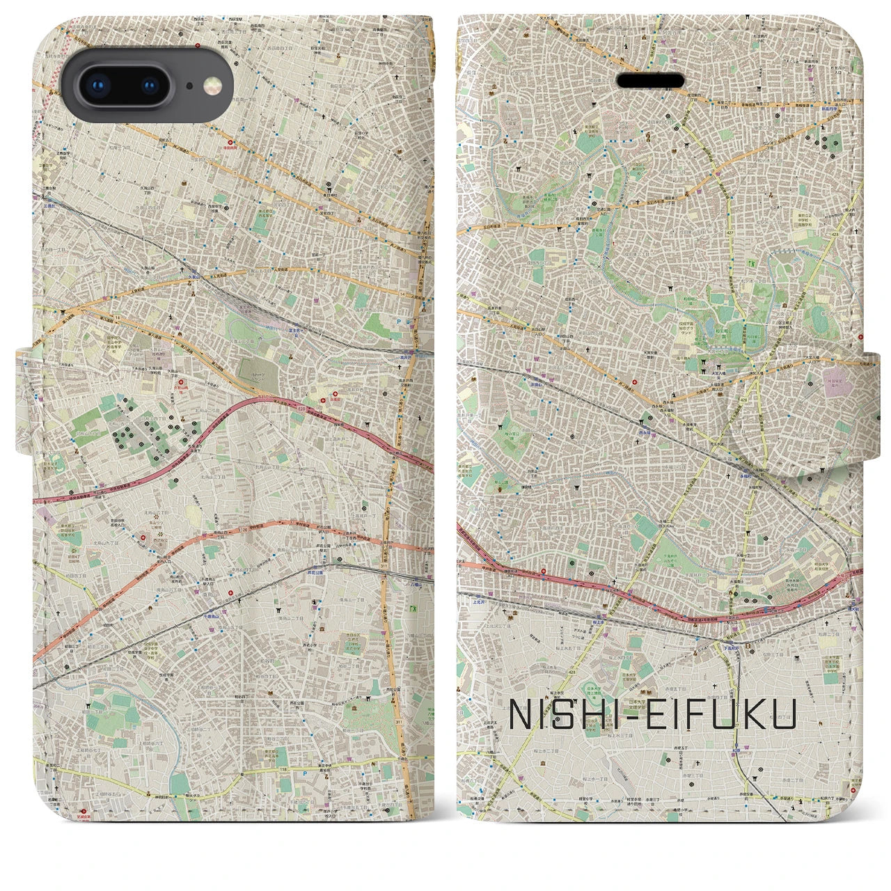【西永福(東京都)】地図柄iPhoneケース(手帳タイプ)ナチュラル・iPhone 8Plus /7Plus / 6sPlus / 6Plus 用