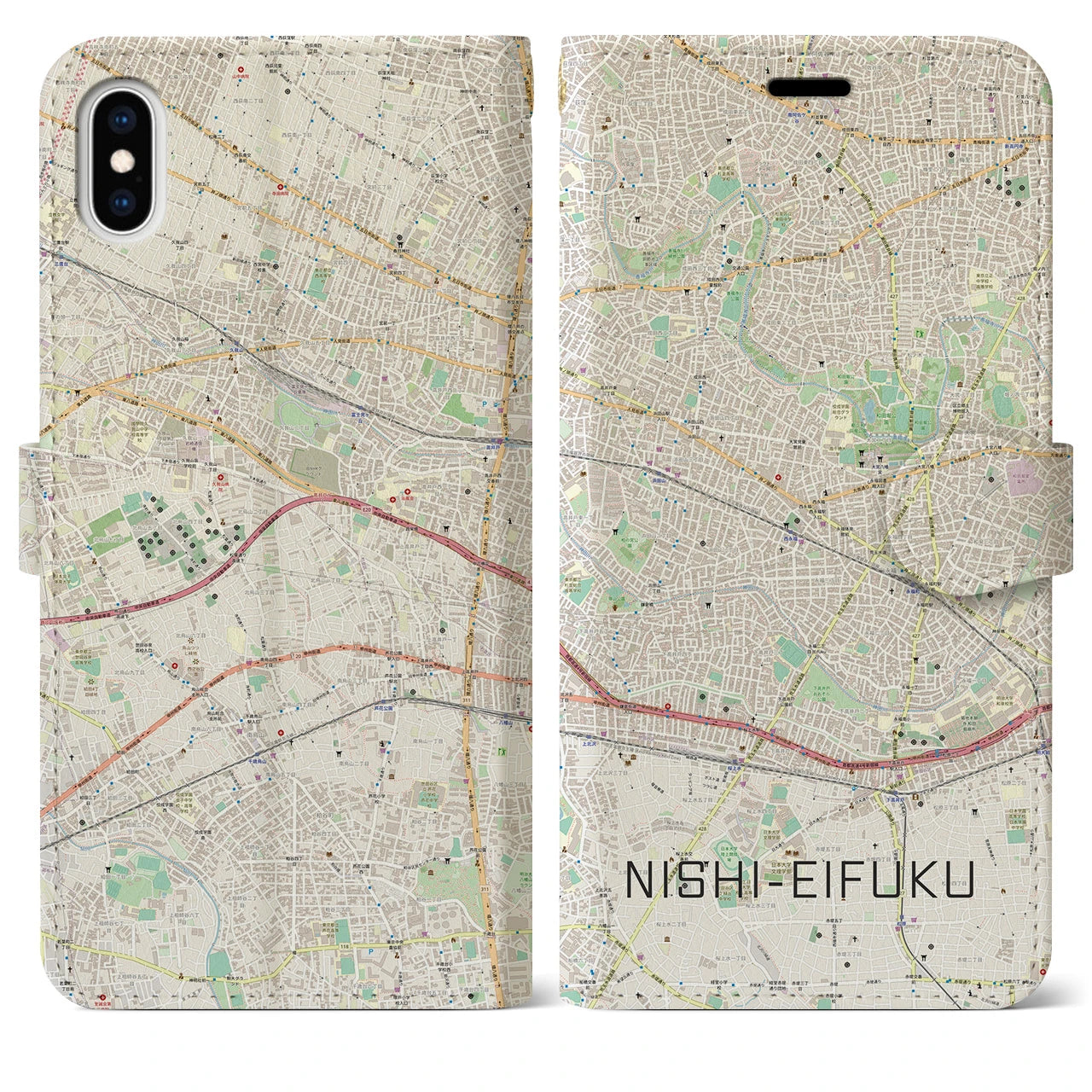 【西永福(東京都)】地図柄iPhoneケース(手帳タイプ)ナチュラル・iPhone XS Max 用