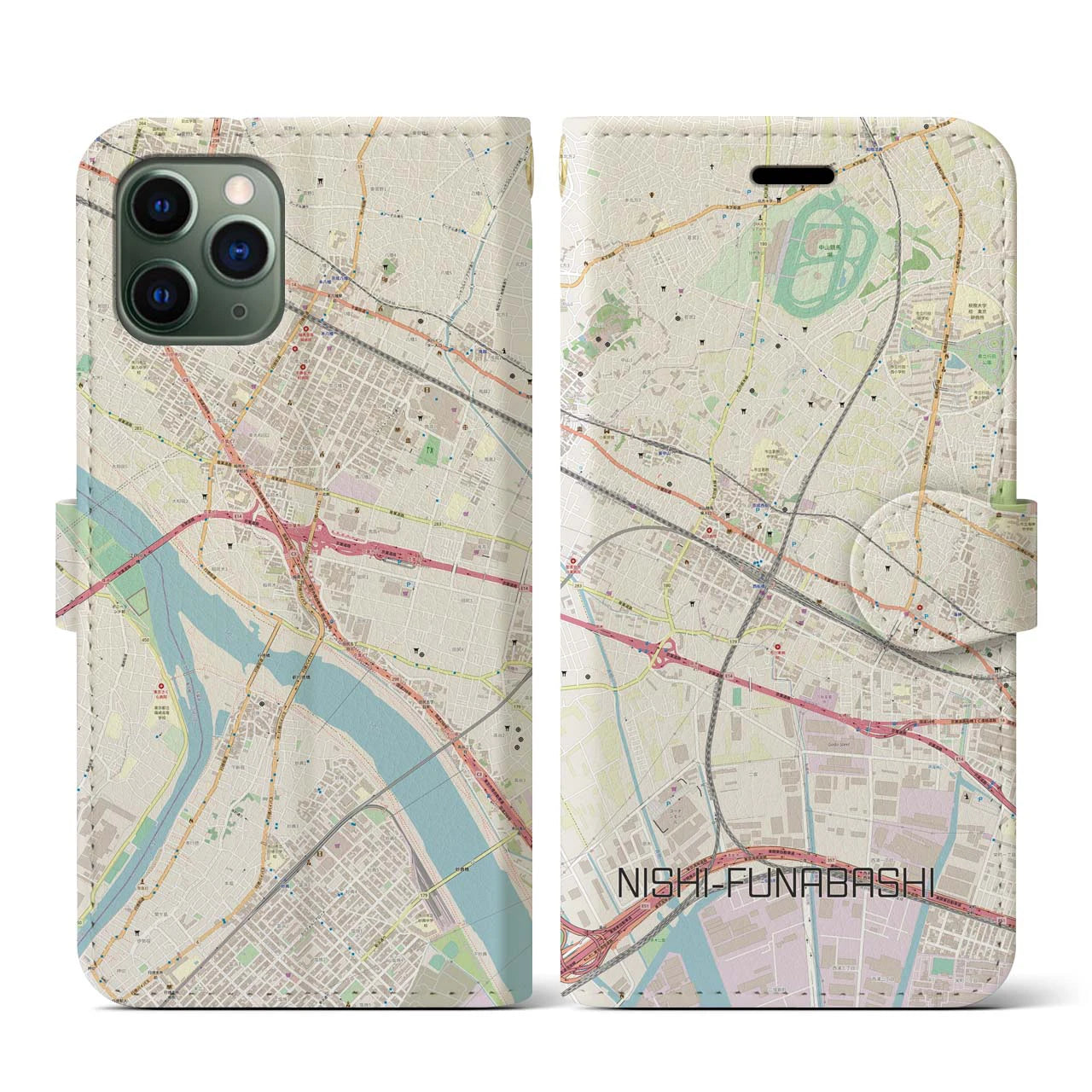 【西船橋(千葉県)】地図柄iPhoneケース(手帳タイプ)ナチュラル・iPhone 11 Pro 用