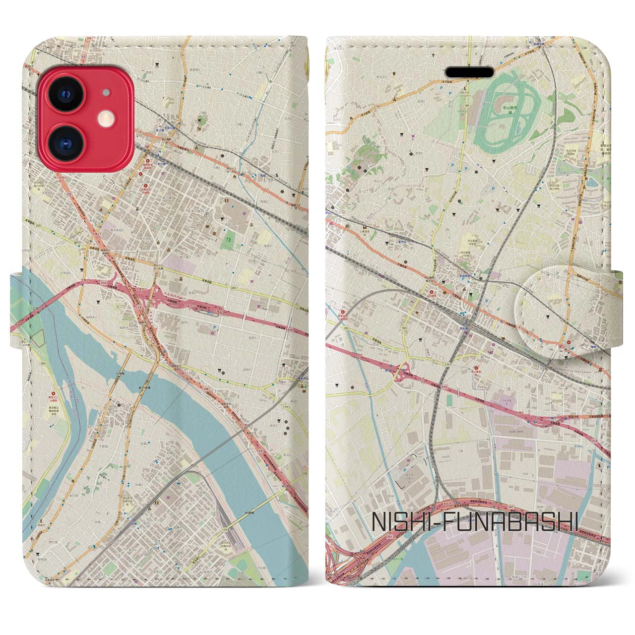 【西船橋(千葉県)】地図柄iPhoneケース(手帳タイプ)ナチュラル・iPhone 11 用