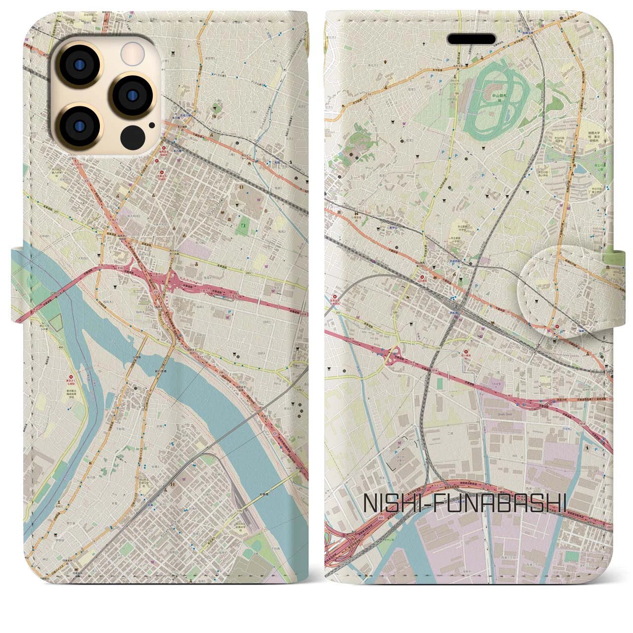 【西船橋(千葉県)】地図柄iPhoneケース(手帳タイプ)ナチュラル・iPhone 12 Pro Max 用