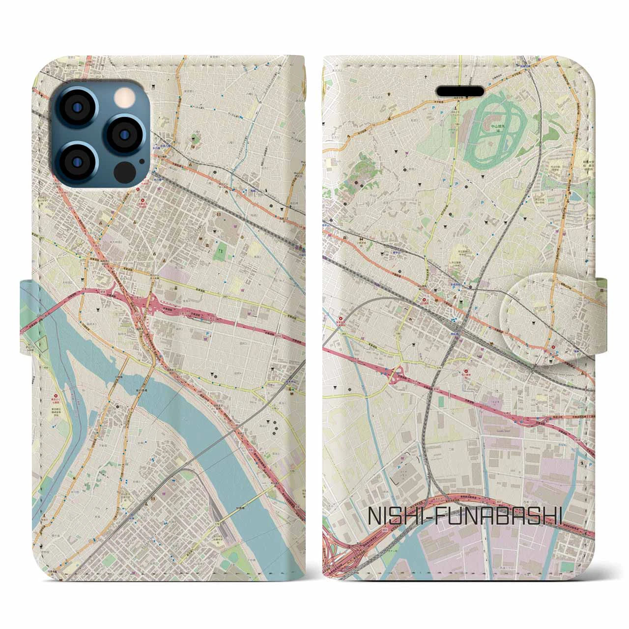 【西船橋(千葉県)】地図柄iPhoneケース(手帳タイプ)ナチュラル・iPhone 12 / 12 Pro 用