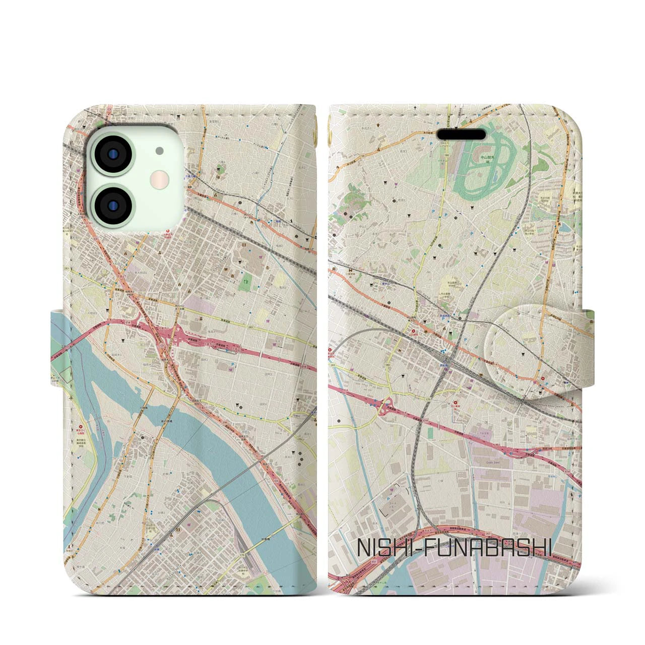 【西船橋(千葉県)】地図柄iPhoneケース(手帳タイプ)ナチュラル・iPhone 12 mini 用