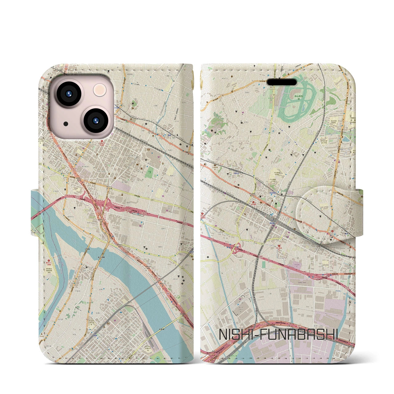【西船橋(千葉県)】地図柄iPhoneケース(手帳タイプ)ナチュラル・iPhone 13 mini 用