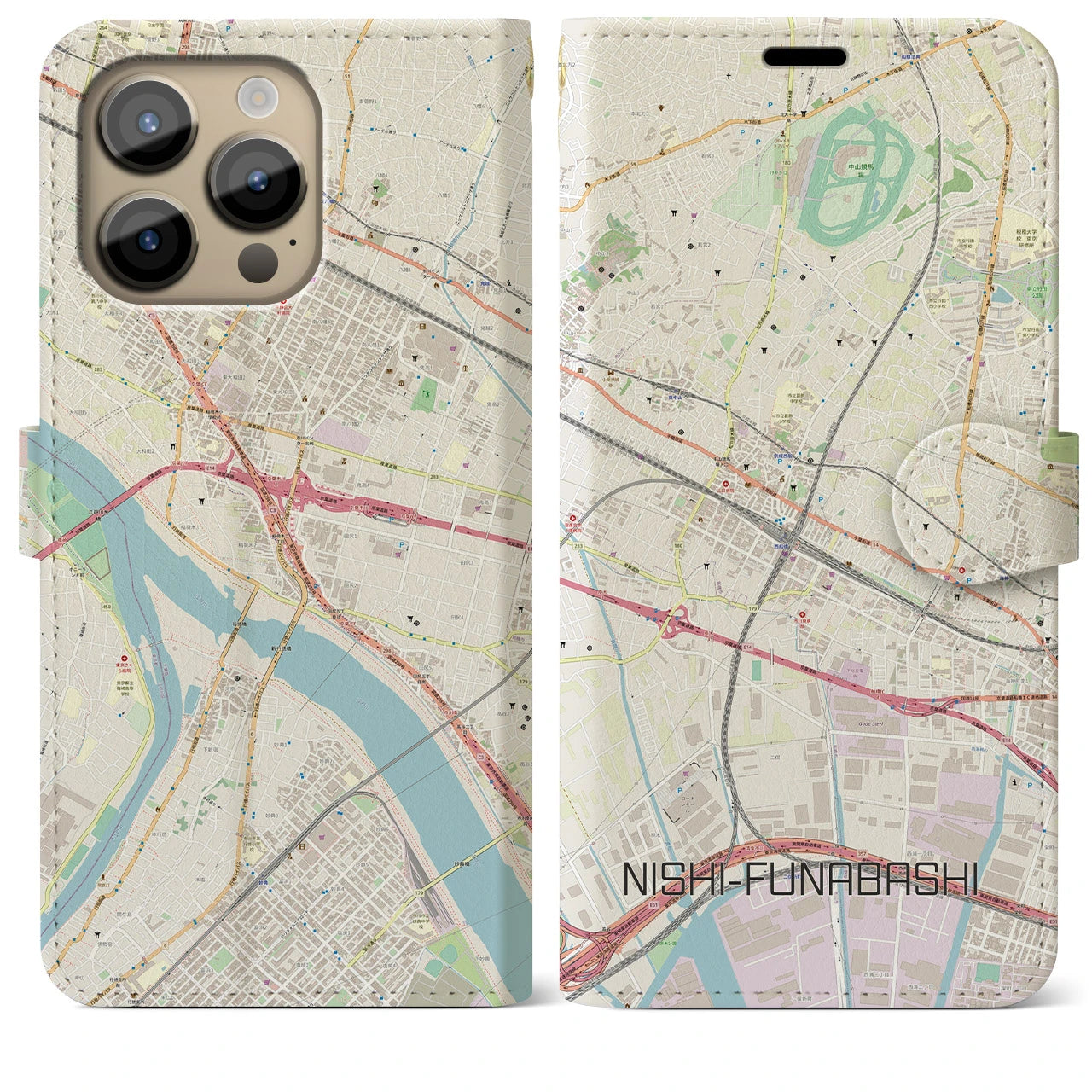 【西船橋(千葉県)】地図柄iPhoneケース(手帳タイプ)ナチュラル・iPhone 14 Pro Max 用