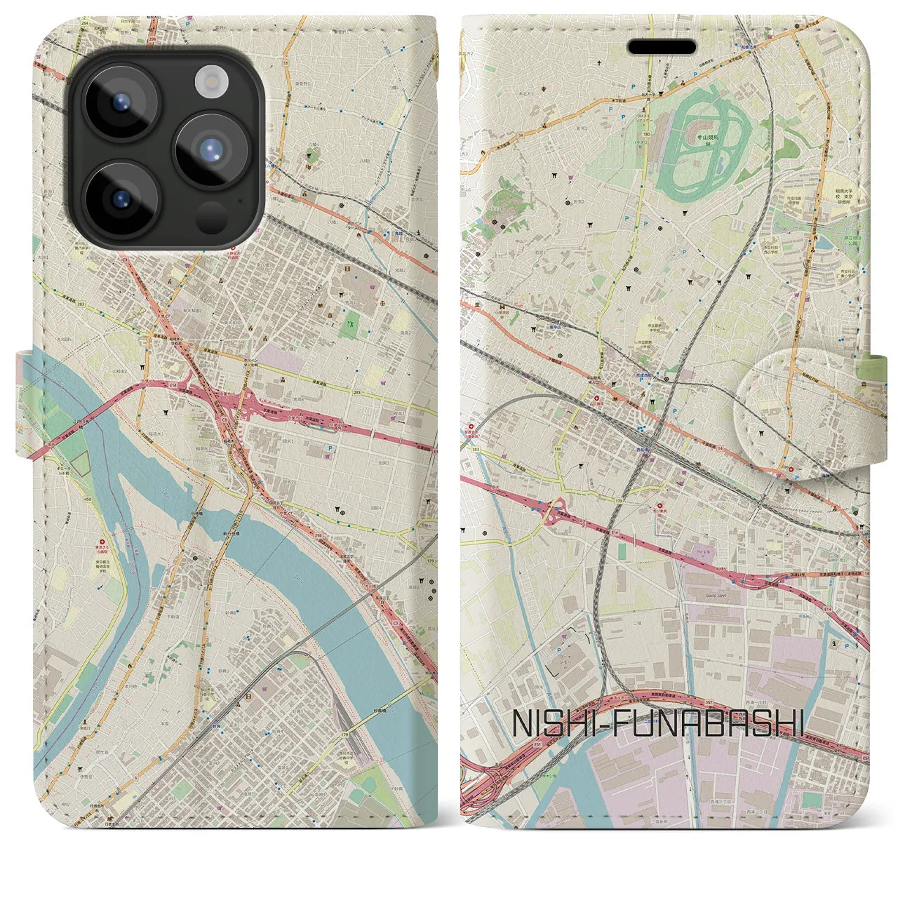 【西船橋(千葉県)】地図柄iPhoneケース(手帳タイプ)ナチュラル・iPhone 15 Pro Max 用