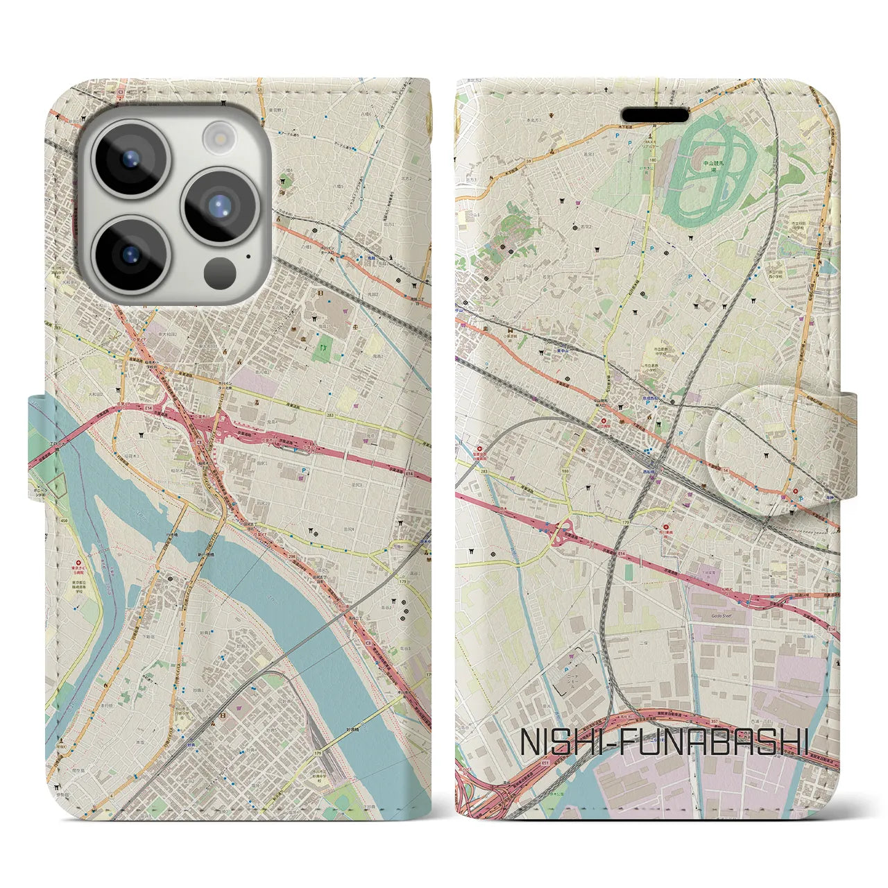 【西船橋(千葉県)】地図柄iPhoneケース(手帳タイプ)ナチュラル・iPhone 15 Pro 用
