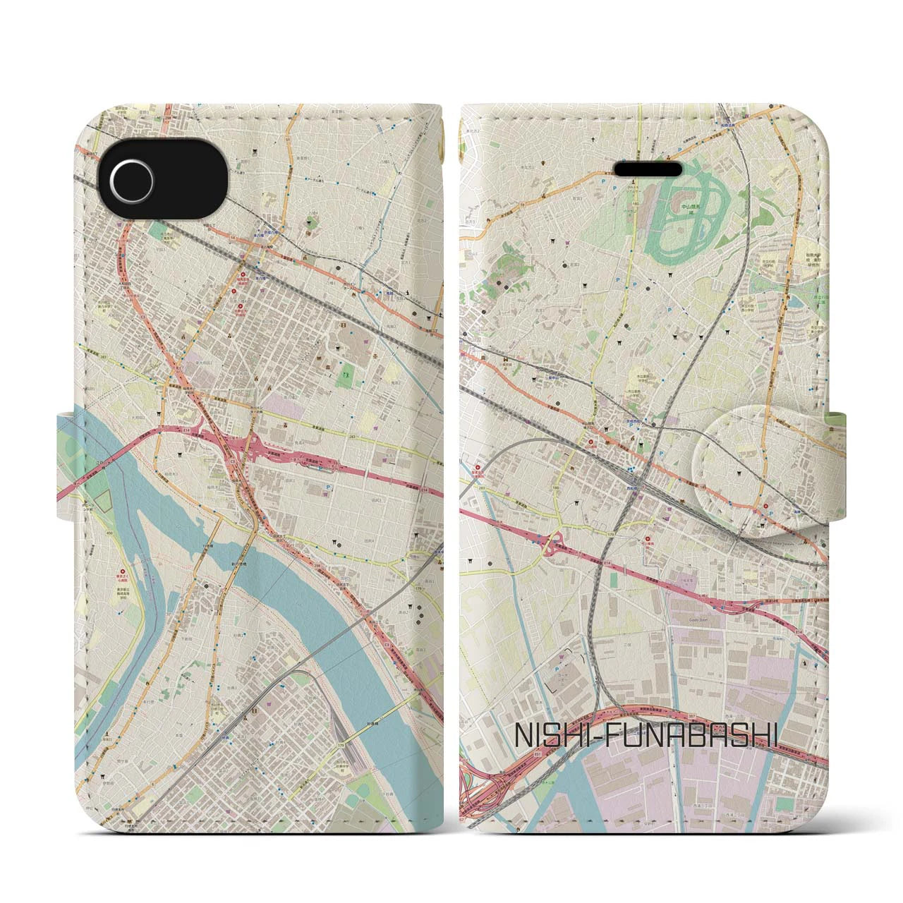 【西船橋(千葉県)】地図柄iPhoneケース(手帳タイプ)ナチュラル・iPhone SE(第3 / 第2世代) / 8 / 7 / 6s / 6 用