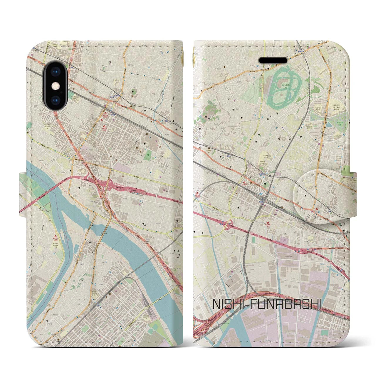 【西船橋(千葉県)】地図柄iPhoneケース(手帳タイプ)ナチュラル・iPhone XS / X 用