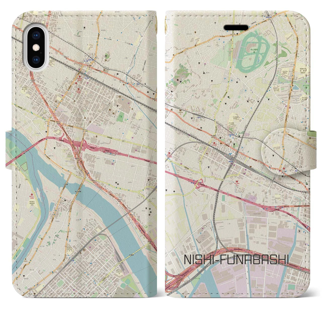 【西船橋(千葉県)】地図柄iPhoneケース(手帳タイプ)ナチュラル・iPhone XS Max 用