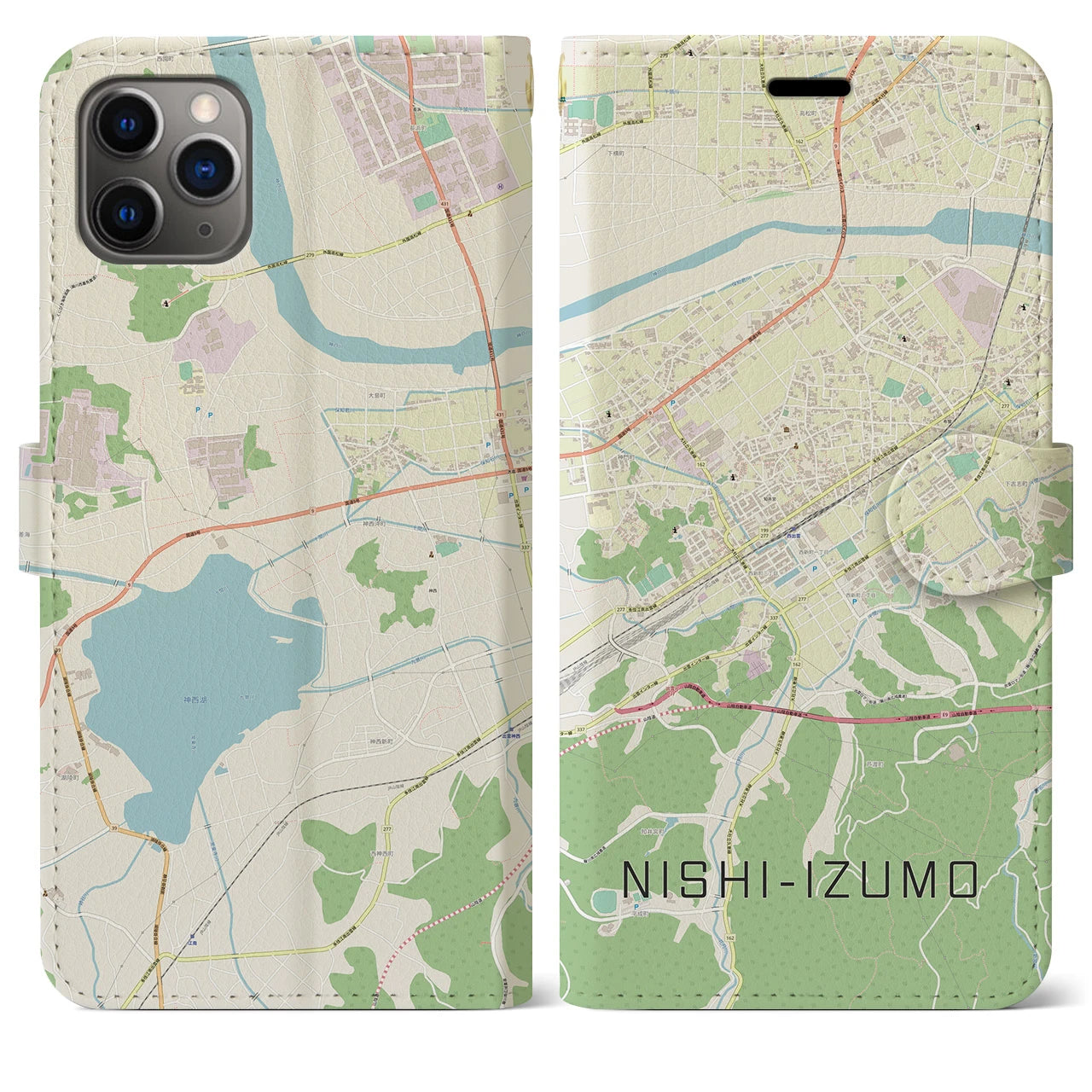 【西出雲(島根県)】地図柄iPhoneケース(手帳タイプ)ナチュラル・iPhone 11 Pro Max 用