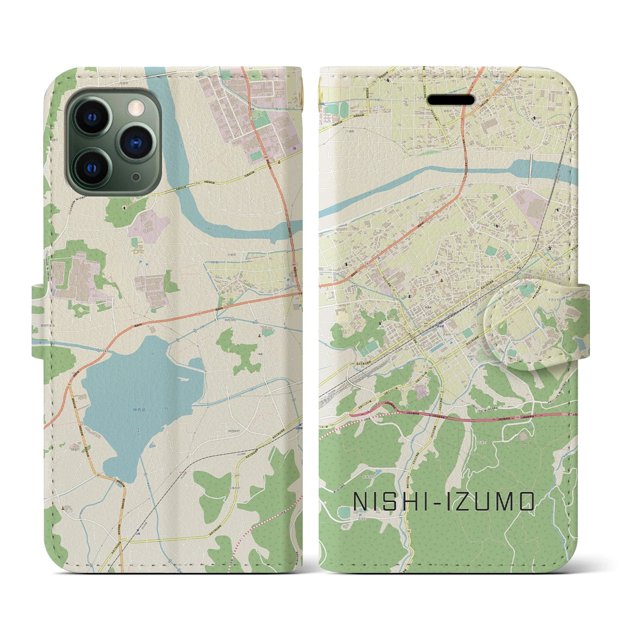 【西出雲(島根県)】地図柄iPhoneケース(手帳タイプ)ナチュラル・iPhone 11 Pro 用