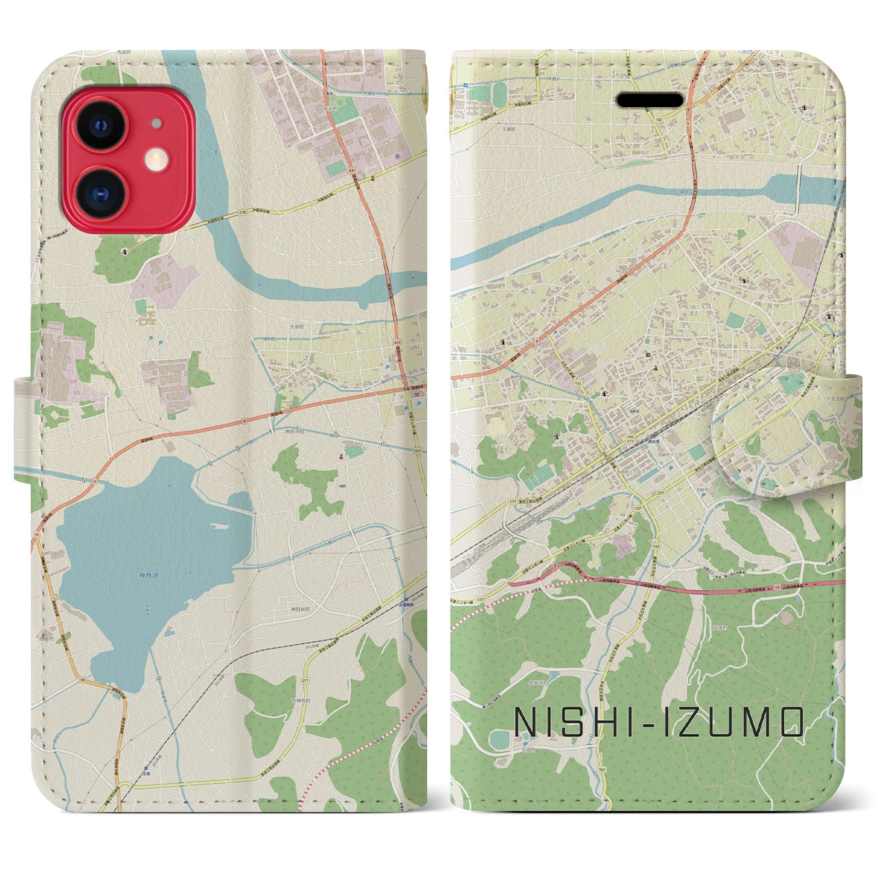 【西出雲(島根県)】地図柄iPhoneケース(手帳タイプ)ナチュラル・iPhone 11 用